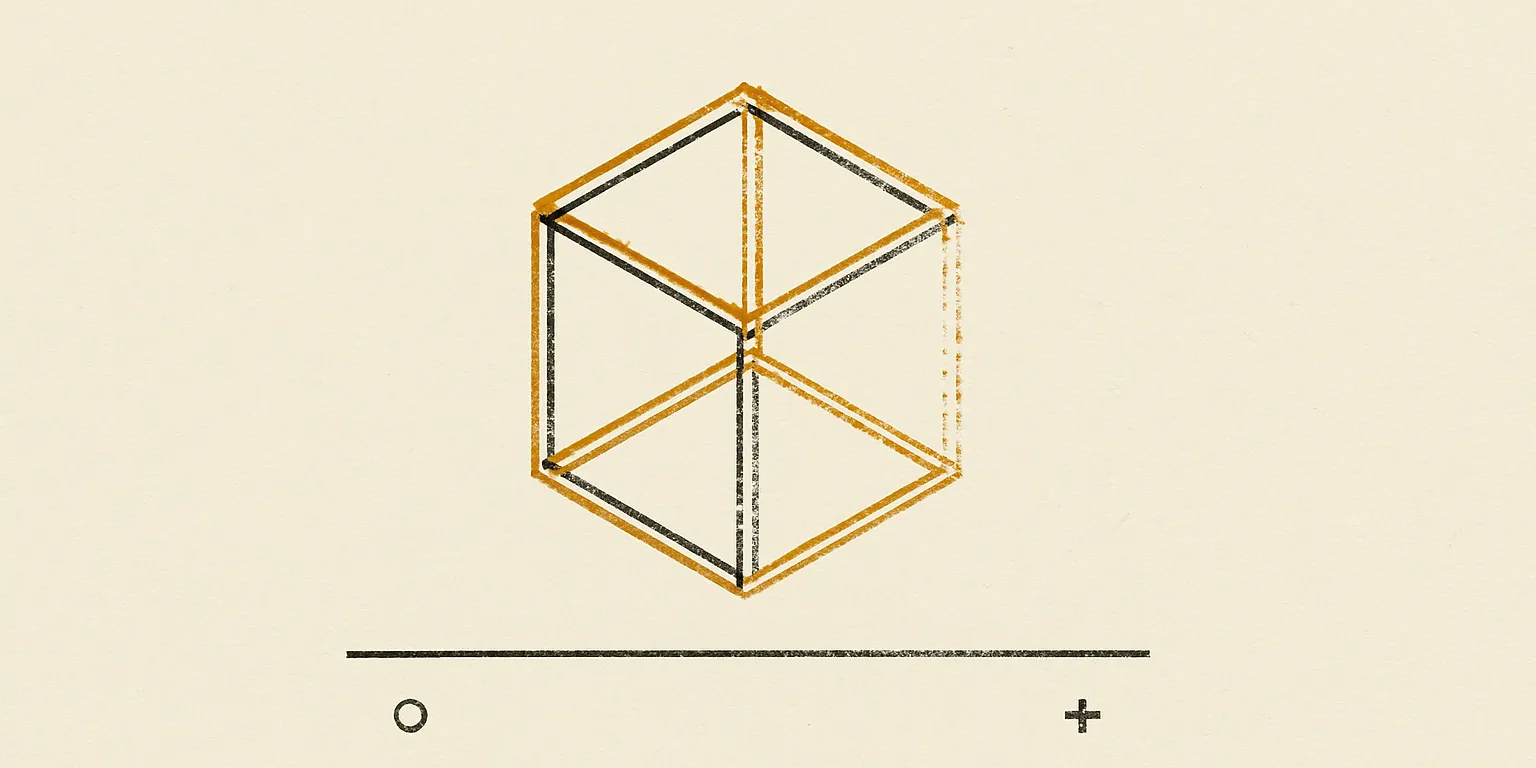 A two-ink printed diagram on bone-coloured paper. A single hollow cube is drawn in isometric projection as a wireframe, all twelve edges showing, nothing filled in. The whole cube is printed twice — once in ochre gold, once in charcoal — the two impressions the same size but offset from each other by a hair, so every edge reads as a pair of parallel lines with bare paper between them. Down the left and across the top the charcoal lines are solid; towards the right of the cube they thin, break into dots and stop, leaving the gold outline running on alone. Below the cube a long straight charcoal rule crosses most of the paper, with a small hollow circle and a small cross beneath it as printer’s registration marks.