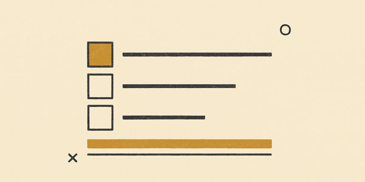 A two-ink print on bone-coloured paper. A column of three small squares outlined in charcoal sits left of centre. Only the top square is filled — a solid gold block printed slightly out of register, sitting high and left inside its outline so charcoal shows along the bottom and right. Beside each square runs one horizontal charcoal bar standing in for a line of text; the bars shorten from top to bottom, and none of them reach the right edge. Beneath the column a long gold rule spans the width, with a thinner charcoal rule printed just below it and offset to the right. A small hollow circle floats in the empty paper at the top right and a small cross at the bottom left, as printer's registration marks.