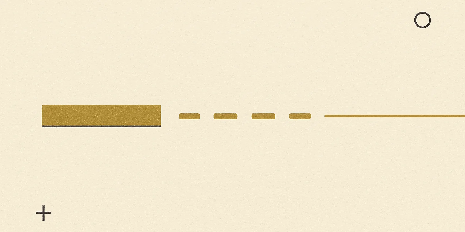A two-ink print on bone-coloured paper. A single horizontal line crosses the sheet from left to right, on one unbroken centre line, and loses weight in three stages. It starts a little in from the left edge as a thick solid gold bar running about a quarter of the width and stopping at a clean square end; along that bar's bottom edge a narrow band of charcoal shows, printed a hair low and set in slightly at both ends, where the two plates went through the press out of register. After a wide gap of bare paper the line resumes as four short gold dashes, each about a third the height of the bar. After a second gap it resumes once more as a single unbroken gold rule, thinner again — about an eighth the height of the bar — which runs the rest of the width and is cut off by the right edge of the sheet rather than stopping. Deep empty margins of bare paper above and below. A small hollow charcoal circle sits alone in the upper right and a small charcoal cross in the lower left: printer's registration marks. Heavy paper grain throughout. No lettering anywhere in the image.