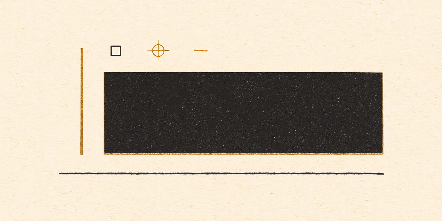 A two-ink printed diagram on bone-coloured paper. One enormous solid charcoal bar runs from the left third all the way off the right edge, its outline fringed in gold where the second ink plate printed slightly out of register. Well to its left, separated by empty paper, stands a single gold hairline the same height as the bar and only a few pixels wide. A charcoal rule runs beneath both. A hollow square, a gold crosshair and a short gold dash float above the bar as printer's registration marks.