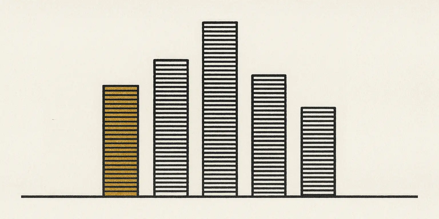 A two-ink print on bone-coloured paper. Five tall narrow columns of clearly different heights stand side by side on one long charcoal rule that runs the width of the sheet. Each column is a thin outlined rectangle filled with a dense stack of thin horizontal lines, like the rungs of a ladder. Four are printed in charcoal. The leftmost, second shortest of the five, is printed in gold, its ink outline sitting a hair off from the gold rungs inside it. Heavy paper grain throughout. No lettering anywhere in the image.